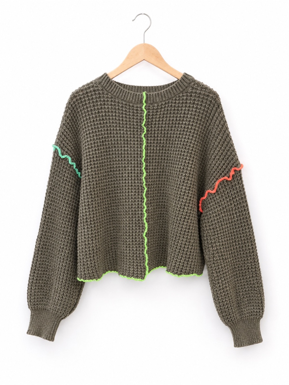 New IN Women’s Waffle Knit Sweater Medium Brown Neon Contrast Stitch - Picture 2 of 15
